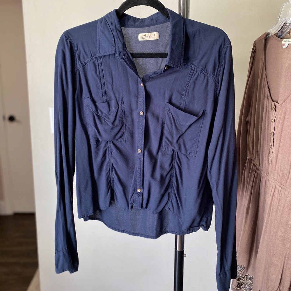 Hollister Navy Blue Button Down Long Sleeved Casual Top Size Large Shirt Womens